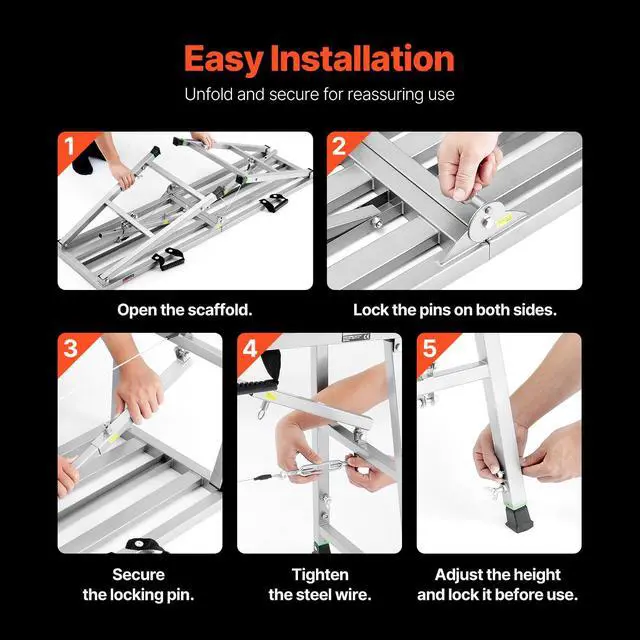 Alt view image 6 of 6 - Work Platform, 55"x 15" Portable Scaffolding Platform, Folding Steel Step Ladder Adjustable Height 27.5-45.3, 800 lbs Load Capacity, Non-Slip Drywall Painting Stool for Cleaning &Washing