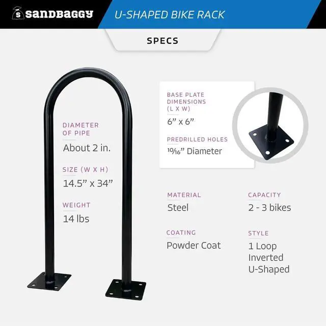 Alt view image 3 of 6 - In Ground Bike Rack | U Shaped, Commercial, Outdoor, 1 Loop, Steel | Black, 14.5" x 34" (2)