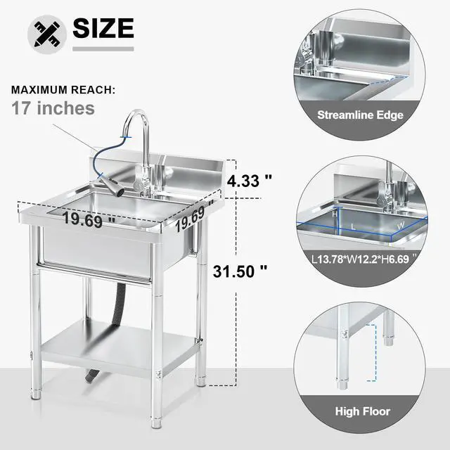 Alt view image 2 of 6 - 20Inch Stainless Steel Utility Sink Freestanding Single Bowl Laundry Sink with Hot and Cold Water Plumbing for Laundry Room Farmhouse Indoor and Outdoor