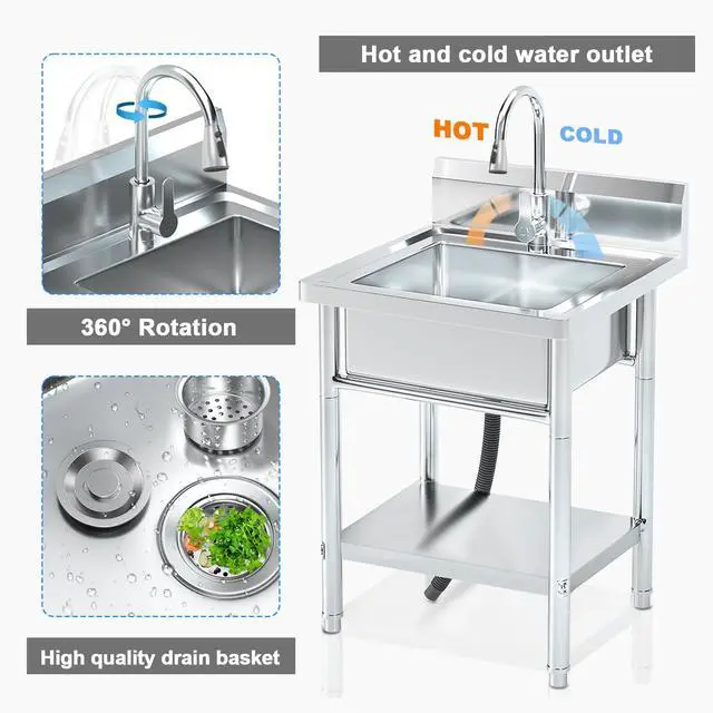 Alt view image 3 of 6 - 20Inch Stainless Steel Utility Sink Freestanding Single Bowl Laundry Sink with Hot and Cold Water Plumbing for Laundry Room Farmhouse Indoor and Outdoor