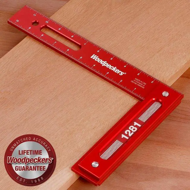 Alt view image 2 of 6 - Precision Woodworking Square, 12 Inch, Aluminum, USA Made, Feature Packed Square, Self Standing, Shoulder Lip, Laser Engraved Scales