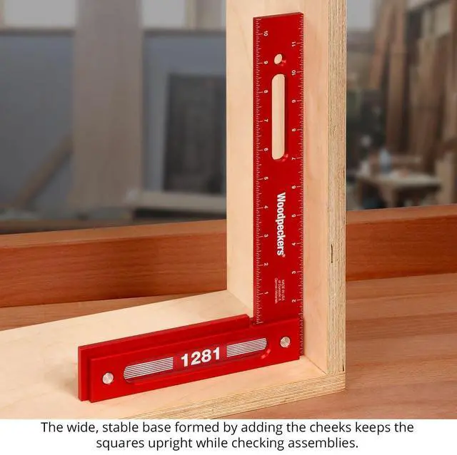 Alt view image 5 of 6 - Precision Woodworking Square, 12 Inch, Aluminum, USA Made, Feature Packed Square, Self Standing, Shoulder Lip, Laser Engraved Scales