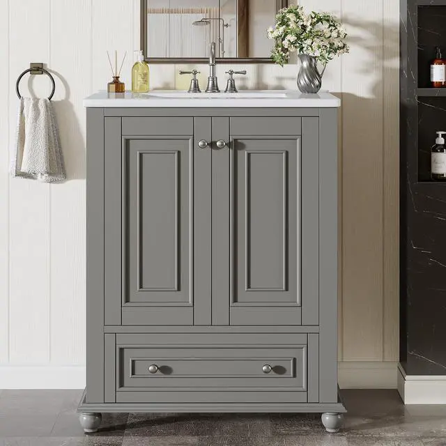 Main image of 24" Bathroom Vanity with Ceramic Sink Combo, Freestanding Bathroom vanities Storage Cabinet with 2 Doors & 1 Drawer, Solid Wooden Frame & Coated Surface, Metal Handle (Grey, 24 Inch)