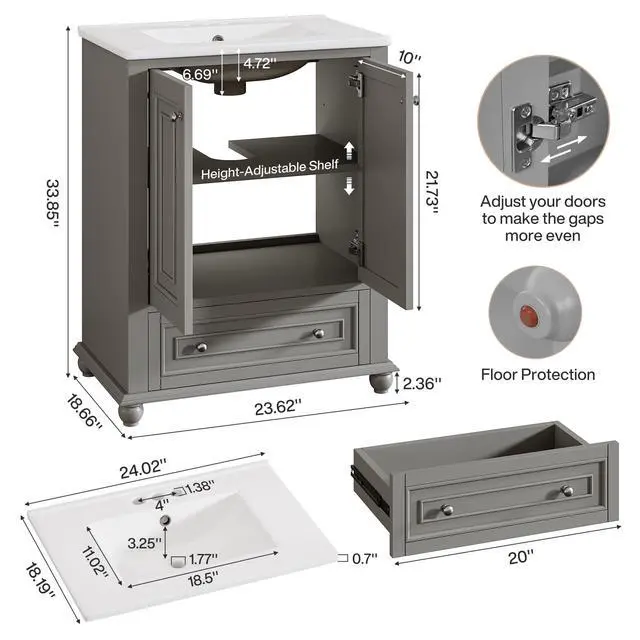 Alt view image 2 of 6 - 24" Bathroom Vanity with Ceramic Sink Combo, Freestanding Bathroom vanities Storage Cabinet with 2 Doors & 1 Drawer, Solid Wooden Frame & Coated Surface, Metal Handle (Grey, 24 Inch)