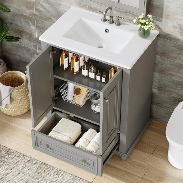 Alt view image 3 of 6 - 24" Bathroom Vanity with Ceramic Sink Combo, Freestanding Bathroom vanities Storage Cabinet with 2 Doors & 1 Drawer, Solid Wooden Frame & Coated Surface, Metal Handle (Grey, 24 Inch)