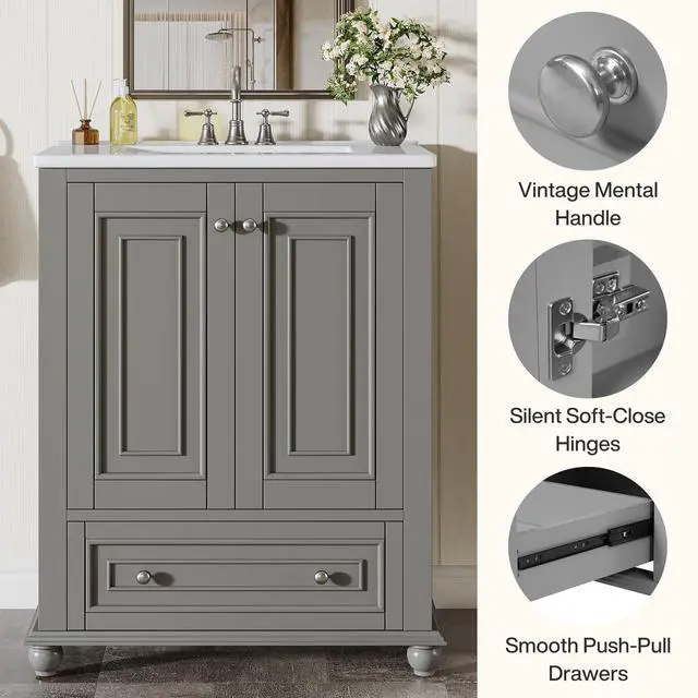 Alt view image 4 of 6 - 24" Bathroom Vanity with Ceramic Sink Combo, Freestanding Bathroom vanities Storage Cabinet with 2 Doors & 1 Drawer, Solid Wooden Frame & Coated Surface, Metal Handle (Grey, 24 Inch)