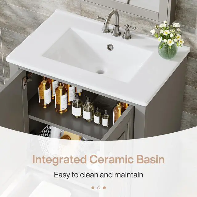 Alt view image 5 of 6 - 24" Bathroom Vanity with Ceramic Sink Combo, Freestanding Bathroom vanities Storage Cabinet with 2 Doors & 1 Drawer, Solid Wooden Frame & Coated Surface, Metal Handle (Grey, 24 Inch)