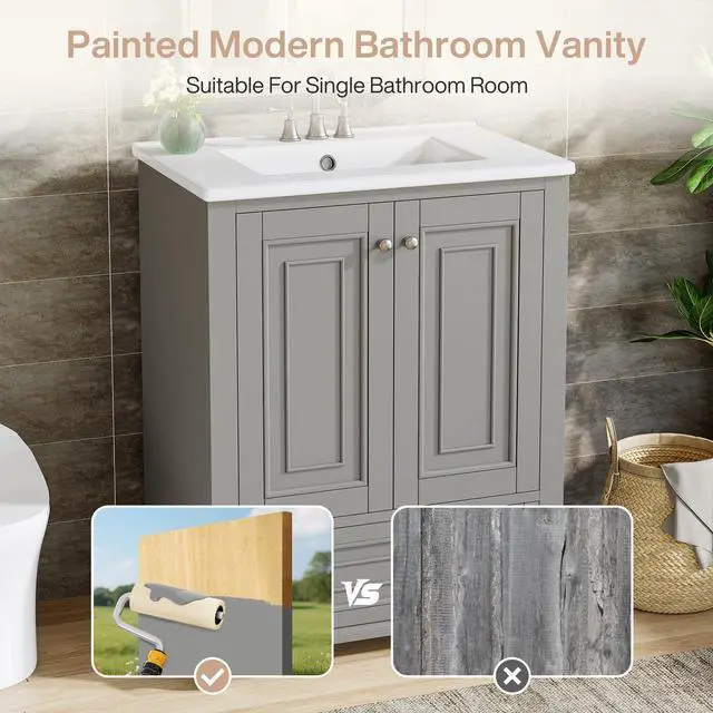 Alt view image 6 of 6 - 24" Bathroom Vanity with Ceramic Sink Combo, Freestanding Bathroom vanities Storage Cabinet with 2 Doors & 1 Drawer, Solid Wooden Frame & Coated Surface, Metal Handle (Grey, 24 Inch)