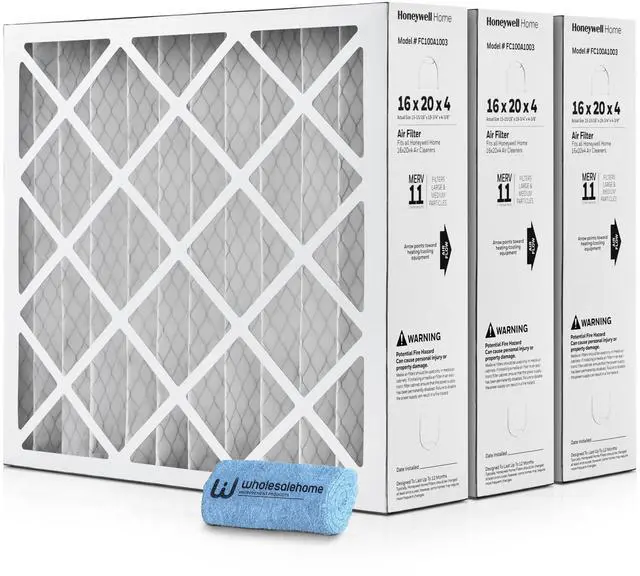 Main image of 16x20x4 Air Filter Replacement MERV 11, FC100A1003 Pleated HVAC AC Furnace Filters with Cleaning Cloth, 3-Pack (Actual Size: 15.94 x 19.75 x 4.38 Inches)
