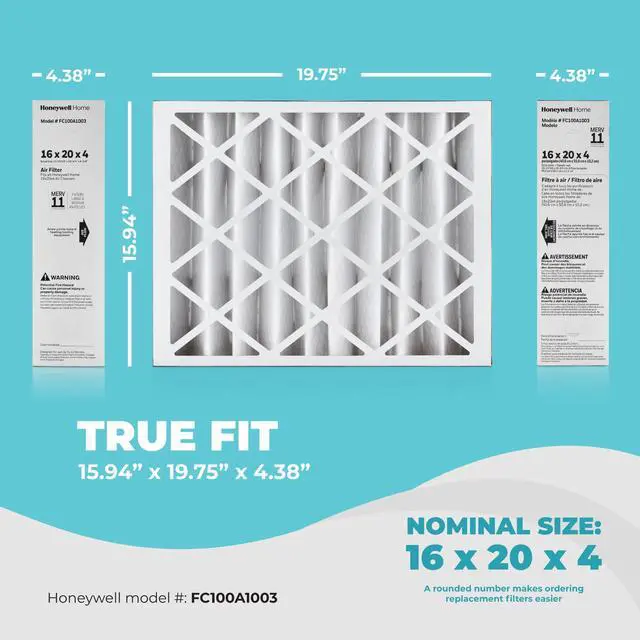 Alt view image 2 of 6 - 16x20x4 Air Filter Replacement MERV 11, FC100A1003 Pleated HVAC AC Furnace Filters with Cleaning Cloth, 3-Pack (Actual Size: 15.94 x 19.75 x 4.38 Inches)