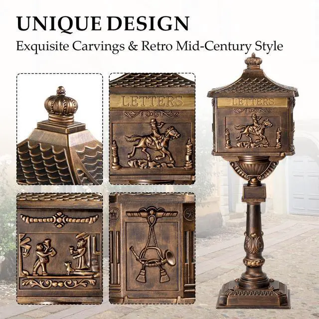 Alt view image 2 of 6 - Cast Aluminum Mailbox, Locking Residential Mailboxes for Outside with Keys, Rust-Proof Large Security Postal Mailbox (Bronze)