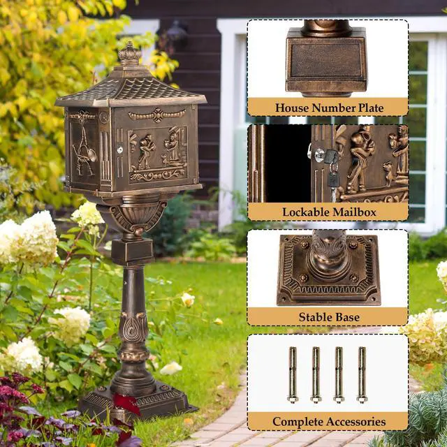 Alt view image 3 of 6 - Cast Aluminum Mailbox, Locking Residential Mailboxes for Outside with Keys, Rust-Proof Large Security Postal Mailbox (Bronze)
