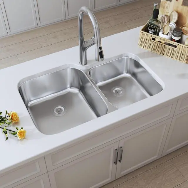 Main image of 32 Inch Undermount 60/40 Stainless Steel Double Bowl Kitchen Sink | 304 Stainless Steel, 18 Gauge Thickness, Commercial Grade Satin Finish, Basket Strainer Included, 32" x 20-7/8" x 9"