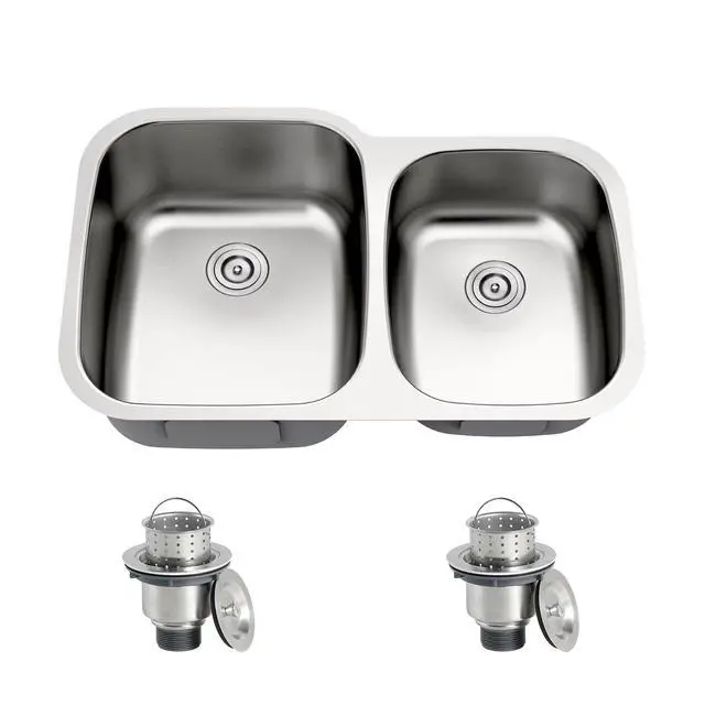 Alt view image 2 of 6 - 32 Inch Undermount 60/40 Stainless Steel Double Bowl Kitchen Sink | 304 Stainless Steel, 18 Gauge Thickness, Commercial Grade Satin Finish, Basket Strainer Included, 32" x 20-7/8" x 9"