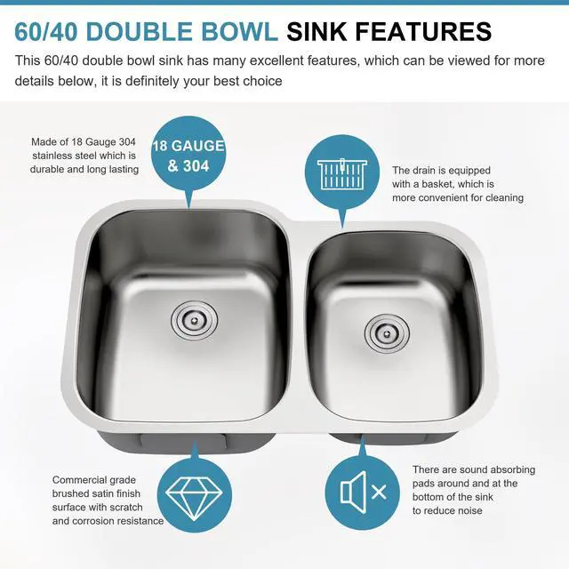 Alt view image 5 of 6 - 32 Inch Undermount 60/40 Stainless Steel Double Bowl Kitchen Sink | 304 Stainless Steel, 18 Gauge Thickness, Commercial Grade Satin Finish, Basket Strainer Included, 32" x 20-7/8" x 9"
