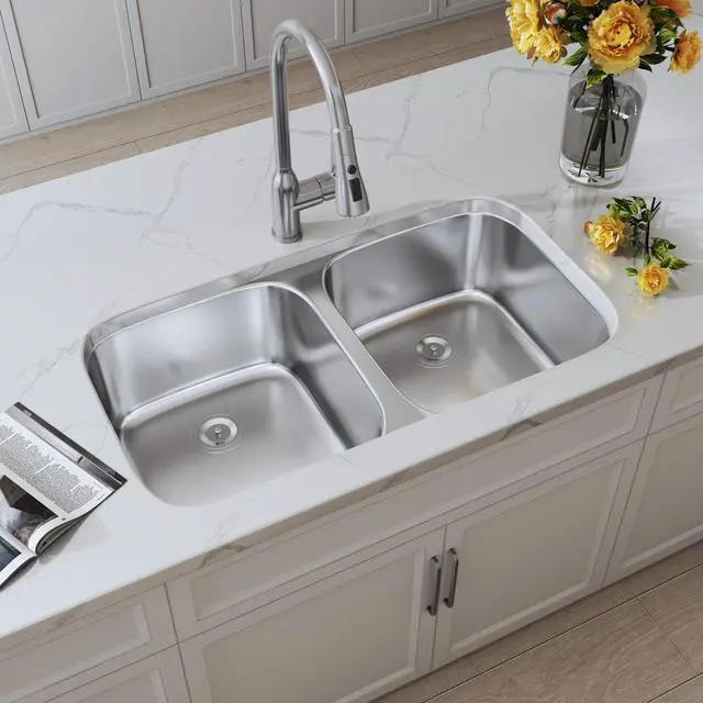 Main image of 32 Inch Undermount 50/50 Stainless Steel Double Bowl Kitchen Sink | 304 Stainless Steel, 18 Gauge Thickness, Brushed Nickel Satin Finish, Basket Strainer Included, 32-5/16" x 18-1/2" x 9"