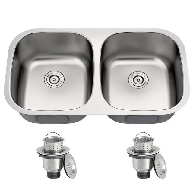 Alt view image 2 of 6 - 32 Inch Undermount 50/50 Stainless Steel Double Bowl Kitchen Sink | 304 Stainless Steel, 18 Gauge Thickness, Brushed Nickel Satin Finish, Basket Strainer Included, 32-5/16" x 18-1/2" x 9"