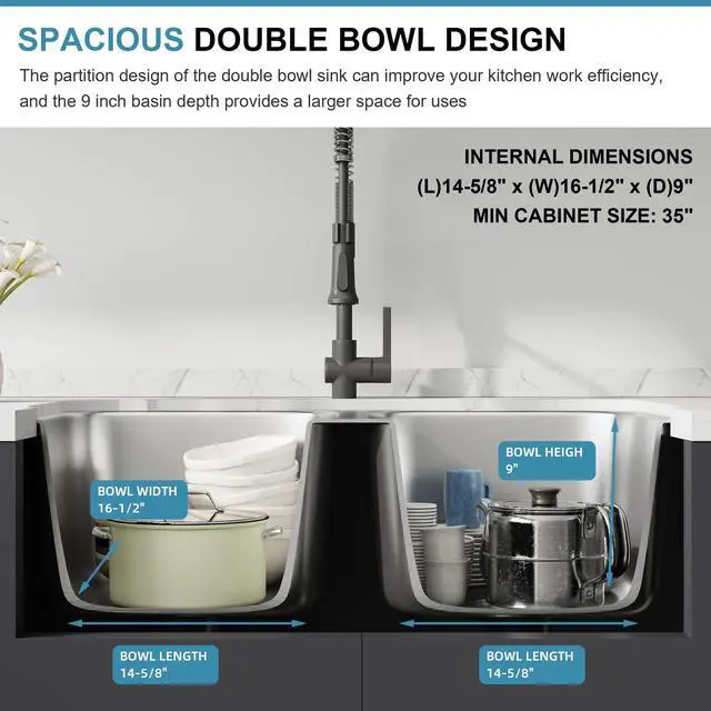 Alt view image 4 of 6 - 32 Inch Undermount 50/50 Stainless Steel Double Bowl Kitchen Sink | 304 Stainless Steel, 18 Gauge Thickness, Brushed Nickel Satin Finish, Basket Strainer Included, 32-5/16" x 18-1/2" x 9"