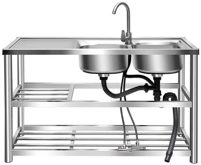 Main image of 304 Stainless Steel Prep & Utility Sink Free Standing Outdoor Sink, Dual Bowl Commercial Kitchen Sink 2 Compartment for Restaurant, Kitchen, Outdoor (US Stock)