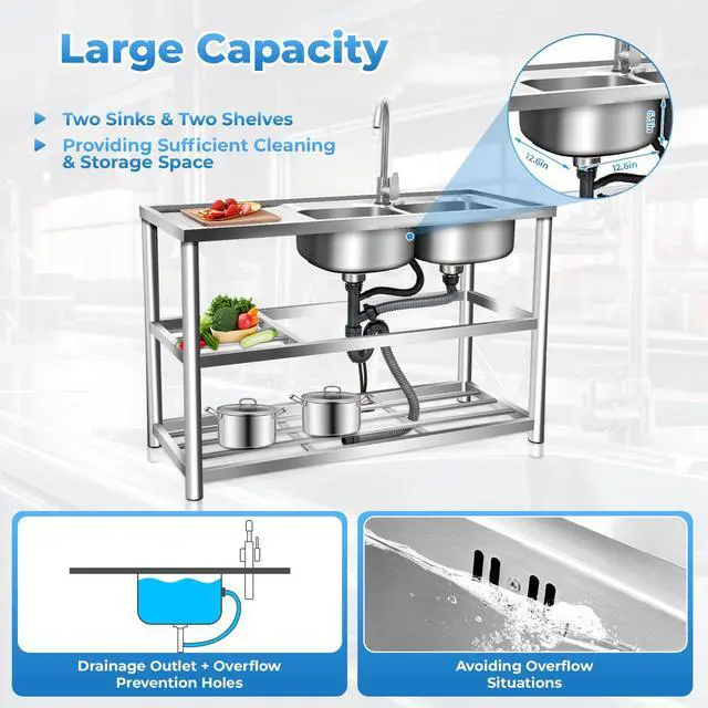 Alt view image 2 of 6 - 304 Stainless Steel Prep & Utility Sink Free Standing Outdoor Sink, Dual Bowl Commercial Kitchen Sink 2 Compartment for Restaurant, Kitchen, Outdoor (US Stock)