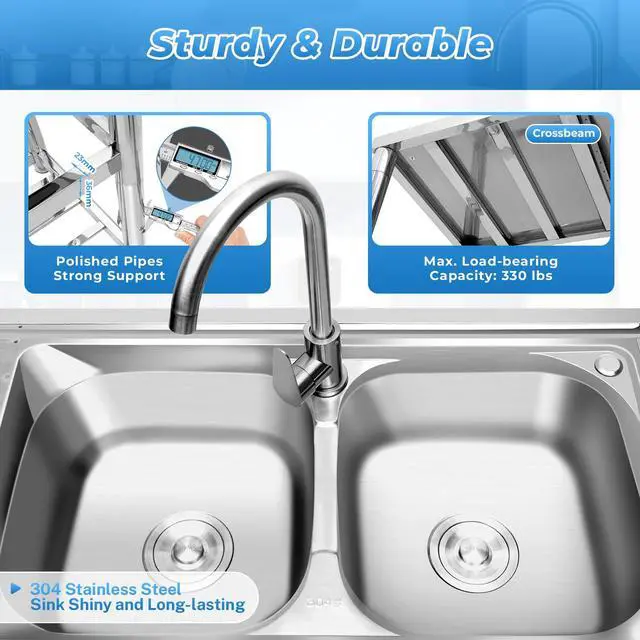 Alt view image 4 of 6 - 304 Stainless Steel Prep & Utility Sink Free Standing Outdoor Sink, Dual Bowl Commercial Kitchen Sink 2 Compartment for Restaurant, Kitchen, Outdoor (US Stock)