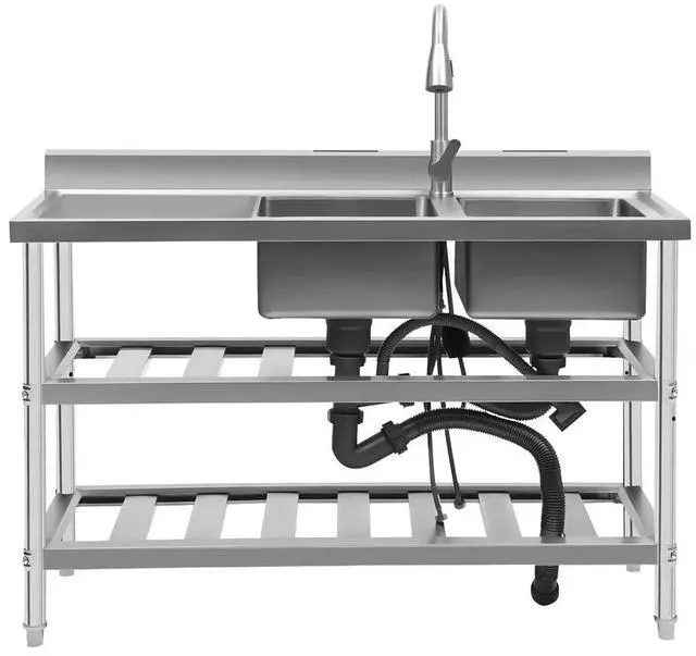 Main image of Free Standing Commercial Kitchen Sink 2 Compartment Stainless Steel Prep & Utility Sink 201 Stainless Steel Freestanding Kitchen Sink for Restaurant, Kitchen, Outdoor (Dual Bowl Style w/Baffle)