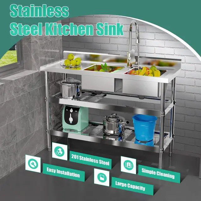 Alt view image 2 of 6 - Free Standing Commercial Kitchen Sink 2 Compartment Stainless Steel Prep & Utility Sink 201 Stainless Steel Freestanding Kitchen Sink for Restaurant, Kitchen, Outdoor (Dual Bowl Style w/Baffle)