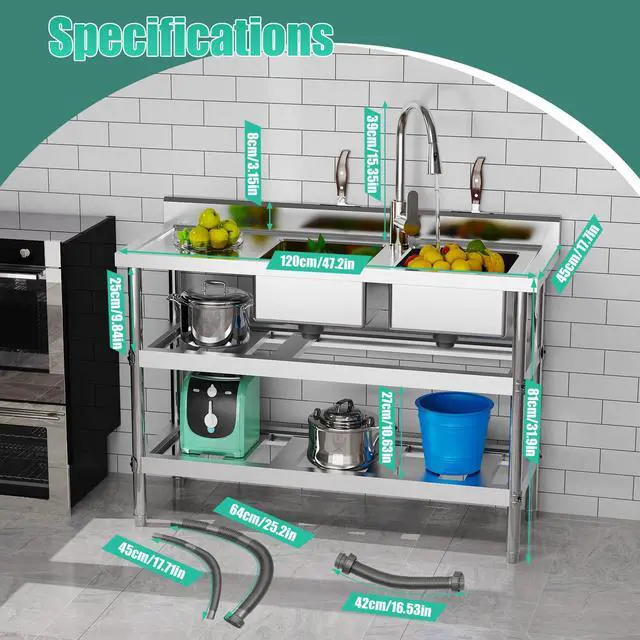 Alt view image 3 of 6 - Free Standing Commercial Kitchen Sink 2 Compartment Stainless Steel Prep & Utility Sink 201 Stainless Steel Freestanding Kitchen Sink for Restaurant, Kitchen, Outdoor (Dual Bowl Style w/Baffle)