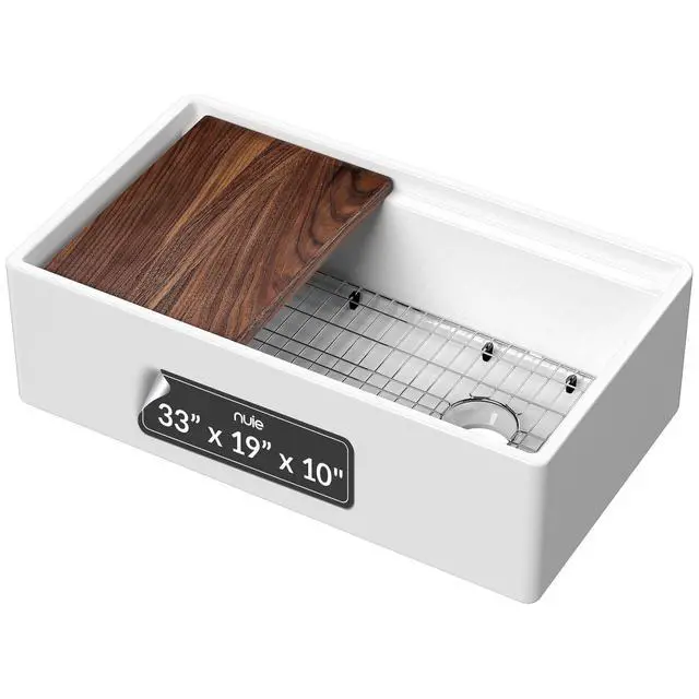 Alt view image 2 of 6 - White Kitchen Sink 33 inch Single Bowl Apron Front Farmhouse Sink with Ledge, Grid and Cutting Board, Fireclay Ceramic Kitchen Sinks, Farmhouse Sinks for Kitchens - 33x19x10" (White)