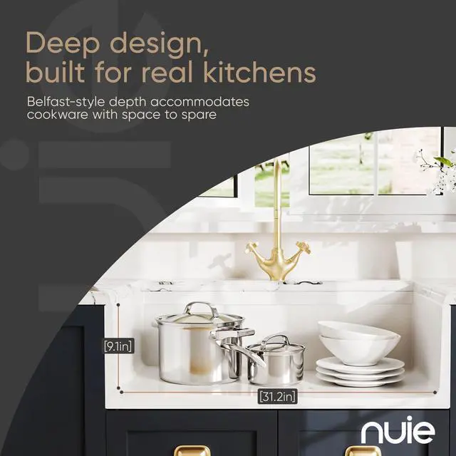Alt view image 5 of 6 - White Kitchen Sink 33 inch Single Bowl Apron Front Farmhouse Sink with Ledge, Grid and Cutting Board, Fireclay Ceramic Kitchen Sinks, Farmhouse Sinks for Kitchens - 33x19x10" (White)