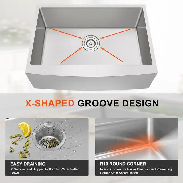 Alt view image 4 of 6 - 33 Inch Farmhouse Kitchen Sink 304 Stainless Steel Undermount 16 Gauge Apron Front Single Bowl Handmade Farm Style Sinks 33" x 21" x 10"