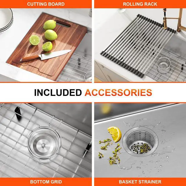 Alt view image 5 of 6 - 33 Inch Farmhouse Kitchen Sink 304 Stainless Steel Undermount 16 Gauge Apron Front Single Bowl Handmade Farm Style Sinks 33" x 21" x 10"