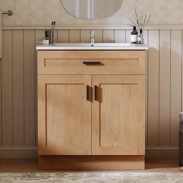 Main image of 30 Inch Bathroom Vanity with Sink, Modern Storage Cabinet, Contains White Sink and Soft-Closing Door, Spacious Bathroom Storage Space (Nature with Sink, 30 Inch)
