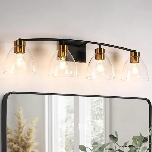 Main image of Bathroom Light Fixtures, 4-Light Black and Plating Brass Vanity Lights for Bathroom, 32.3 Large Modern Bathroom Lighting Lights Over Mirror with Clear Glass Shade