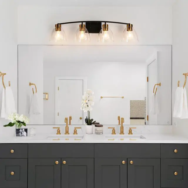 Alt view image 2 of 6 - Bathroom Light Fixtures, 4-Light Black and Plating Brass Vanity Lights for Bathroom, 32.3 Large Modern Bathroom Lighting Lights Over Mirror with Clear Glass Shade