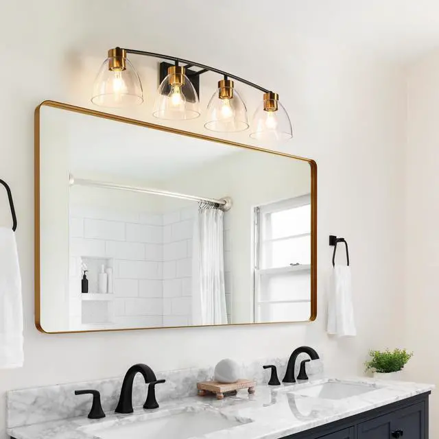 Alt view image 3 of 6 - Bathroom Light Fixtures, 4-Light Black and Plating Brass Vanity Lights for Bathroom, 32.3 Large Modern Bathroom Lighting Lights Over Mirror with Clear Glass Shade