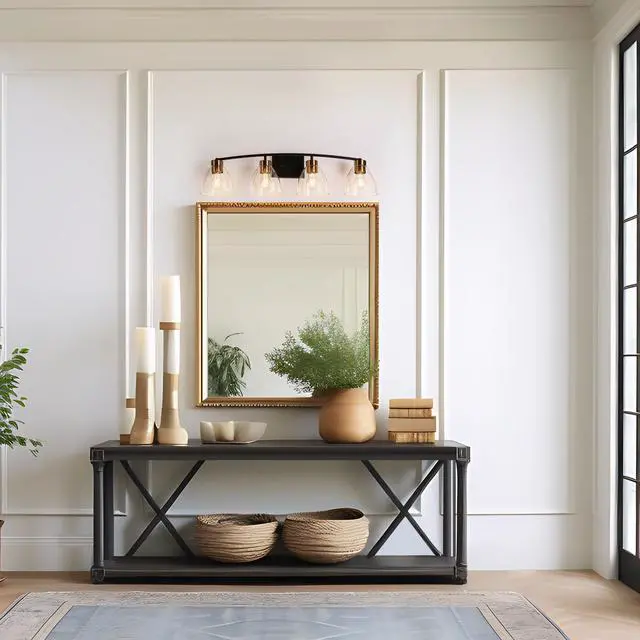 Alt view image 4 of 6 - Bathroom Light Fixtures, 4-Light Black and Plating Brass Vanity Lights for Bathroom, 32.3 Large Modern Bathroom Lighting Lights Over Mirror with Clear Glass Shade