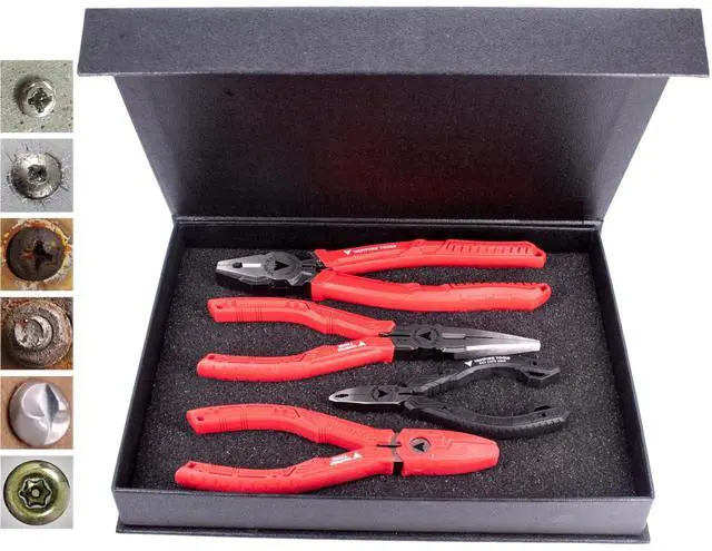 Main image of 4-PC Screw Extractor Pliers Gift Set. Made in Japan. 8" Linesman, 7.5" Long Nose, 6.25" Multipurpose & 5" Mini Pliers. Remove any Stripped/Damaged/Rusted Screws