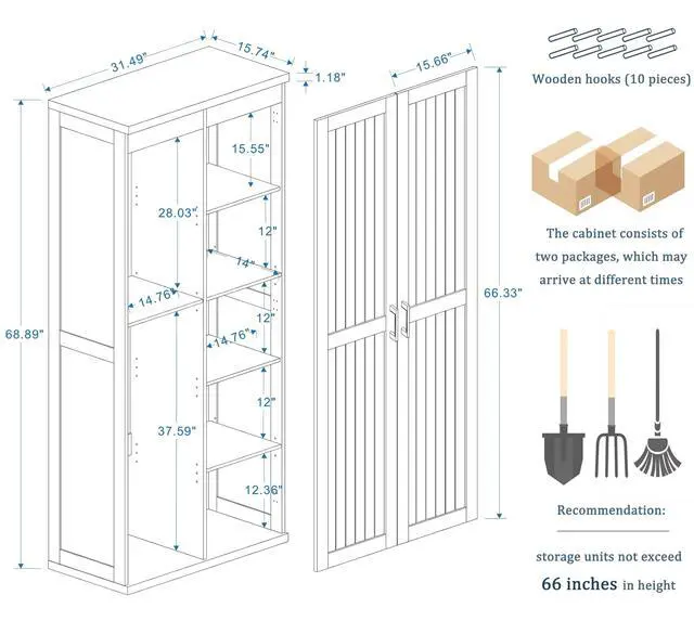 Alt view image 2 of 6 - 68" Wooden Broom Closet Storage Cabinet with Perforated Wood Panel and Doors, Large Utility Cabinet Built-in Bottom Openwork for Charging Device, Elegant Cleaning Storage Solution for Garage, Laundry