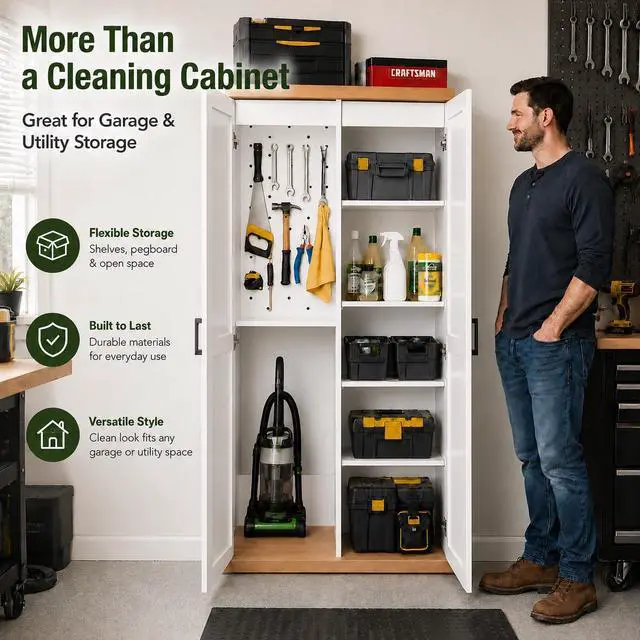 Alt view image 3 of 6 - 68" Wooden Broom Closet Storage Cabinet with Perforated Wood Panel and Doors, Large Utility Cabinet Built-in Bottom Openwork for Charging Device, Elegant Cleaning Storage Solution for Garage, Laundry