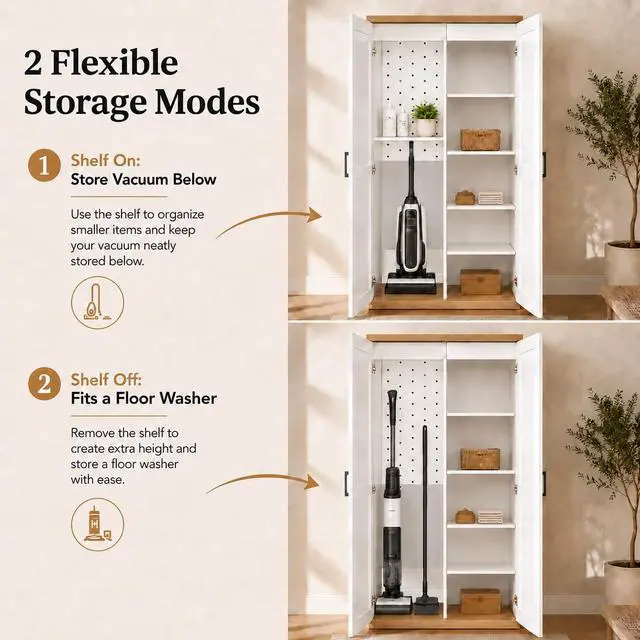 Alt view image 4 of 6 - 68" Wooden Broom Closet Storage Cabinet with Perforated Wood Panel and Doors, Large Utility Cabinet Built-in Bottom Openwork for Charging Device, Elegant Cleaning Storage Solution for Garage, Laundry