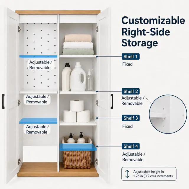 Alt view image 5 of 6 - 68" Wooden Broom Closet Storage Cabinet with Perforated Wood Panel and Doors, Large Utility Cabinet Built-in Bottom Openwork for Charging Device, Elegant Cleaning Storage Solution for Garage, Laundry