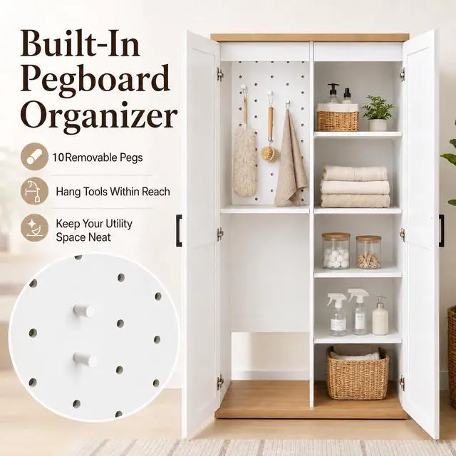 Alt view image 6 of 6 - 68" Wooden Broom Closet Storage Cabinet with Perforated Wood Panel and Doors, Large Utility Cabinet Built-in Bottom Openwork for Charging Device, Elegant Cleaning Storage Solution for Garage, Laundry