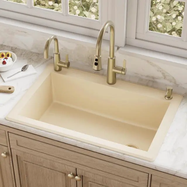 Alt view image 2 of 6 - QT-670 Drop-In/Top Mount 33" Single Bowl Granite Quartz Composite Kitchen Sink in Bisque, Right Side Drain, Extra Deep 9" Basin, Heat & Scratch Resistant, Sound Dampening