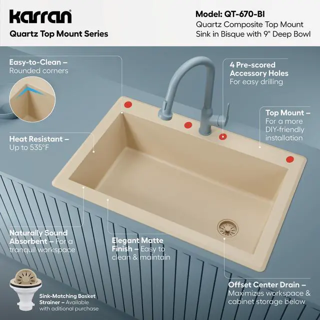 Alt view image 3 of 6 - QT-670 Drop-In/Top Mount 33" Single Bowl Granite Quartz Composite Kitchen Sink in Bisque, Right Side Drain, Extra Deep 9" Basin, Heat & Scratch Resistant, Sound Dampening