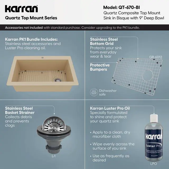 Alt view image 4 of 6 - QT-670 Drop-In/Top Mount 33" Single Bowl Granite Quartz Composite Kitchen Sink in Bisque, Right Side Drain, Extra Deep 9" Basin, Heat & Scratch Resistant, Sound Dampening