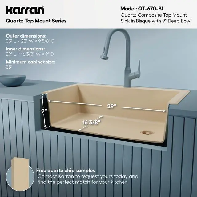 Alt view image 5 of 6 - QT-670 Drop-In/Top Mount 33" Single Bowl Granite Quartz Composite Kitchen Sink in Bisque, Right Side Drain, Extra Deep 9" Basin, Heat & Scratch Resistant, Sound Dampening