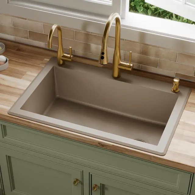 Alt view image 2 of 6 - QT-670 Drop-In/Top Mount 33" Single Bowl Granite Quartz Composite Kitchen Sink in Concrete, Right Side Drain, Extra Deep 9" Basin, Heat & Scratch Resistant, Sound Dampening