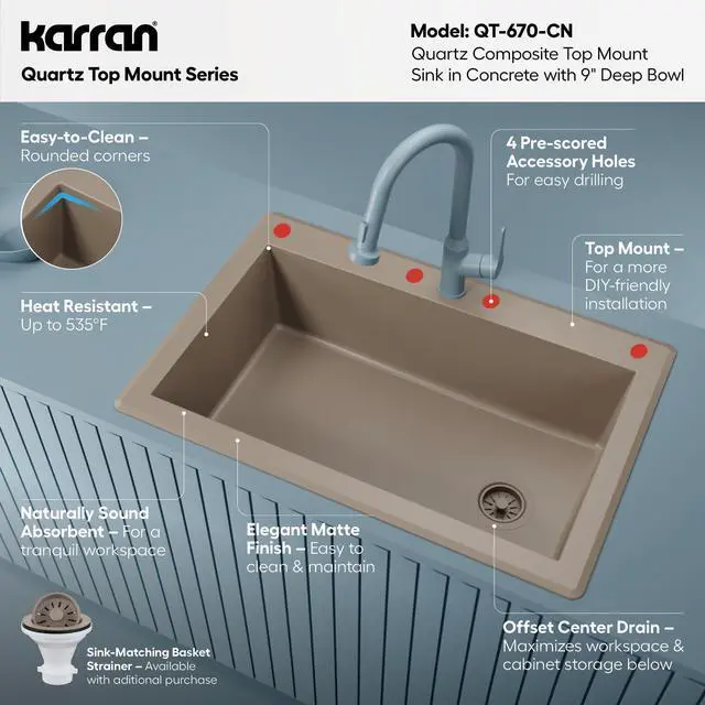 Alt view image 3 of 6 - QT-670 Drop-In/Top Mount 33" Single Bowl Granite Quartz Composite Kitchen Sink in Concrete, Right Side Drain, Extra Deep 9" Basin, Heat & Scratch Resistant, Sound Dampening