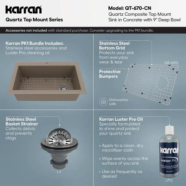 Alt view image 4 of 6 - QT-670 Drop-In/Top Mount 33" Single Bowl Granite Quartz Composite Kitchen Sink in Concrete, Right Side Drain, Extra Deep 9" Basin, Heat & Scratch Resistant, Sound Dampening